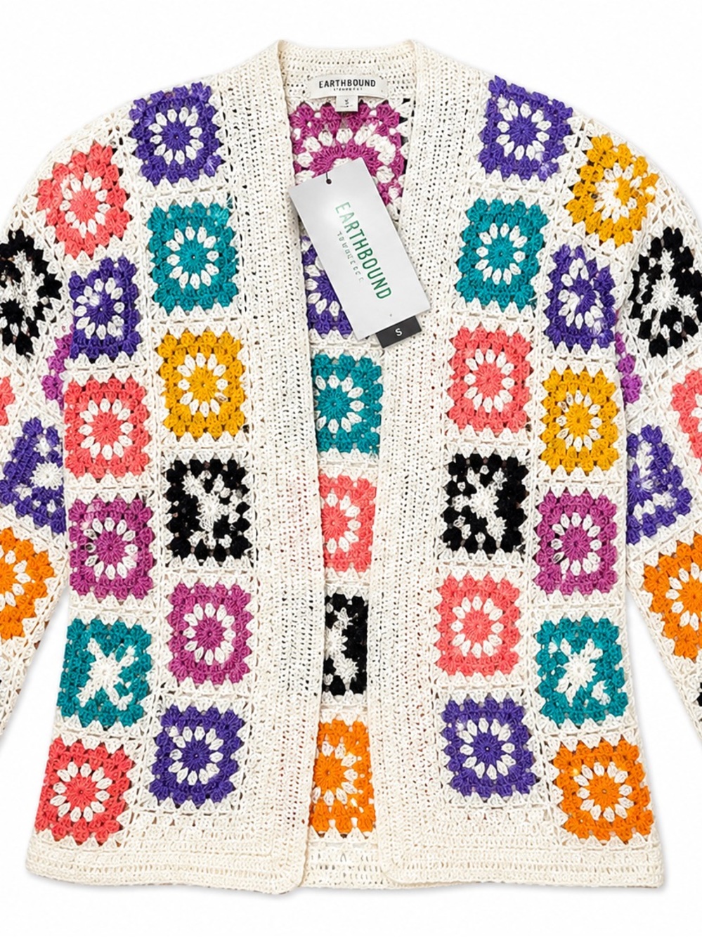 EARTHBOUND Cream Crochet Cardigan with Teal, Purple & Coral Squares